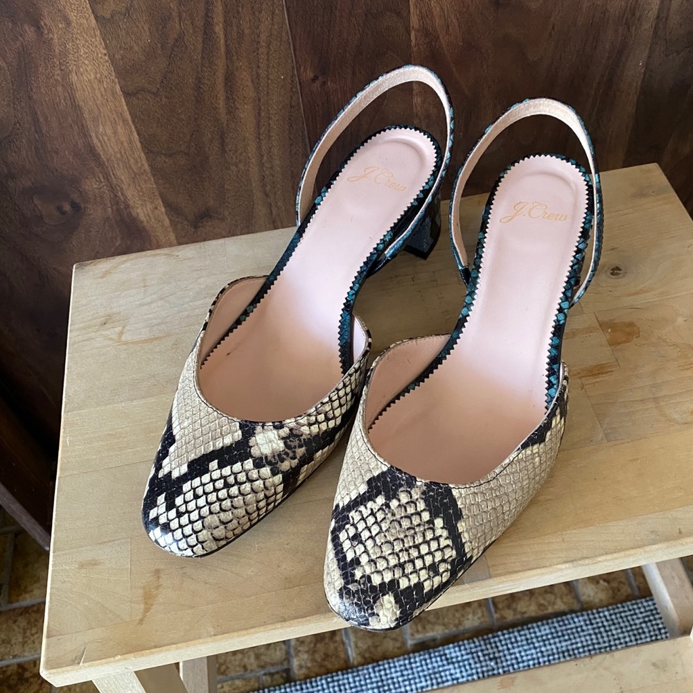 J.Crew heeled snake print slingback shoes